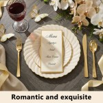 125PCS Scalloped Plastic Plates - Ivory Scalloped Disposable Plates - Gold Plastic Dinnerware Set Include 50 Plates, 75 Gold Silverware for Party & Wedding