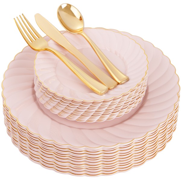 125Pcs Pink Plastic Plates with Gold Rim - Scalloped Plastic Plates Set Includes 25 Dinner, 25 Dessert Plate, 75 Gold Silverware for 25Geusts for Wedding Birthday Baby Shower Mothers Day