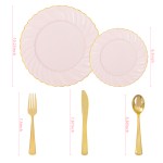 125Pcs Pink Plastic Plates with Gold Rim - Scalloped Plastic Plates Set Includes 25 Dinner, 25 Dessert Plate, 75 Gold Silverware for 25Geusts for Wedding Birthday Baby Shower Mothers Day