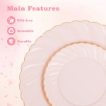125Pcs Pink Plastic Plates with Gold Rim - Scalloped Plastic Plates Set Includes 25 Dinner, 25 Dessert Plate, 75 Gold Silverware for 25Geusts for Wedding Birthday Baby Shower Mothers Day