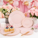 125Pcs Pink Plastic Plates with Gold Rim - Scalloped Plastic Plates Set Includes 25 Dinner, 25 Dessert Plate, 75 Gold Silverware for 25Geusts for Wedding Birthday Baby Shower Mothers Day