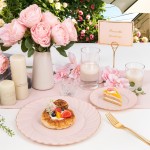 125Pcs Pink Plastic Plates with Gold Rim - Scalloped Plastic Plates Set Includes 25 Dinner, 25 Dessert Plate, 75 Gold Silverware for 25Geusts for Wedding Birthday Baby Shower Mothers Day