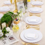 125PCS White Plastic Plates with Gold Rim, Gold Plates Disposable with Golden Silverware Include 25 Dinner Plate 25 Dessert Plate 25 Forks 25 Knives 25 Spoons For Wedding, Parties