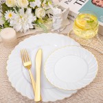 125PCS White Plastic Plates with Gold Rim, Gold Plates Disposable with Golden Silverware Include 25 Dinner Plate 25 Dessert Plate 25 Forks 25 Knives 25 Spoons For Wedding, Parties