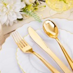 125PCS White Plastic Plates with Gold Rim, Gold Plates Disposable with Golden Silverware Include 25 Dinner Plate 25 Dessert Plate 25 Forks 25 Knives 25 Spoons For Wedding, Parties