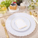 125PCS White Plastic Plates with Gold Rim, Gold Plates Disposable with Golden Silverware Include 25 Dinner Plate 25 Dessert Plate 25 Forks 25 Knives 25 Spoons For Wedding, Parties