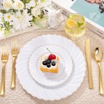 125PCS White Plastic Plates with Gold Rim, Gold Plates Disposable with Golden Silverware Include 25 Dinner Plate 25 Dessert Plate 25 Forks 25 Knives 25 Spoons For Wedding, Parties
