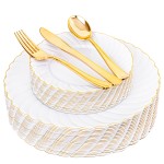 125PCS White Plastic Plates with Gold Rim, Gold Plates Disposable with Golden Silverware Include 25 Dinner Plate 25 Dessert Plate 25 Forks 25 Knives 25 Spoons For Wedding, Parties