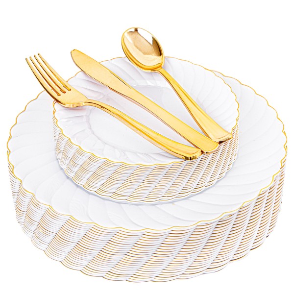 125PCS White Plastic Plates with Gold Rim, Gold Plates Disposable with Golden Silverware Include 25 Dinner Plate 25 Dessert Plate 25 Forks 25 Knives 25 Spoons For Wedding, Parties