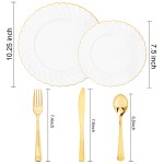 125PCS White Plastic Plates with Gold Rim, Gold Plates Disposable with Golden Silverware Include 25 Dinner Plate 25 Dessert Plate 25 Forks 25 Knives 25 Spoons For Wedding, Parties