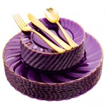 125PCS Purple Plastic Dinnerware Set - Gold and Clear Purple Disposable Plates Include 50 Plastic Plates 75 Silverwares for Wedding Birthday Parties & Party