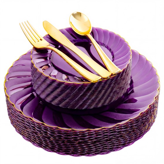 125PCS Purple Plastic Dinnerware Set - Gold and Clear Purple Disposable Plates Include 50 Plastic Plates 75 Silverwares for Wedding Birthday Parties & Party