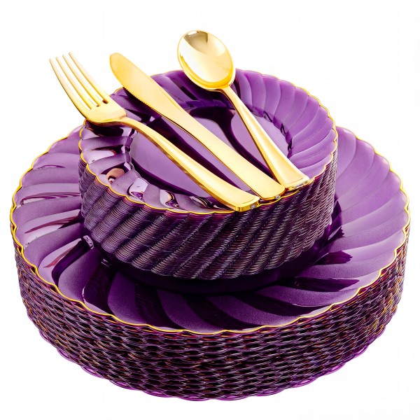 125PCS Purple Plastic Dinnerware Set - Gold and Clear Purple Disposable Plates Include 50 Plastic Plates 75 Silverwares for Wedding Birthday Parties & Party