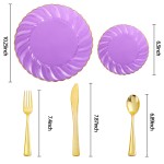 125PCS Purple Plastic Dinnerware Set - Gold and Clear Purple Disposable Plates Include 50 Plastic Plates 75 Silverwares for Wedding Birthday Parties & Party