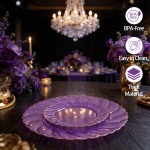 125PCS Purple Plastic Dinnerware Set - Gold and Clear Purple Disposable Plates Include 50 Plastic Plates 75 Silverwares for Wedding Birthday Parties & Party