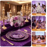 125PCS Purple Plastic Dinnerware Set - Gold and Clear Purple Disposable Plates Include 50 Plastic Plates 75 Silverwares for Wedding Birthday Parties & Party