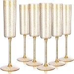24 Pack Plastic Champagne Flutes - 6 Oz Gold Glitter Disposable Champagne Glasses - Square Plastic Wine Cups Wedding Toasting for Party Birthday Anniversary