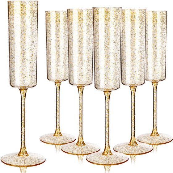 24 Pack Plastic Champagne Flutes - 6 Oz Gold Glitter Disposable Champagne Glasses - Square Plastic Wine Cups Wedding Toasting for Party Birthday Anniversary