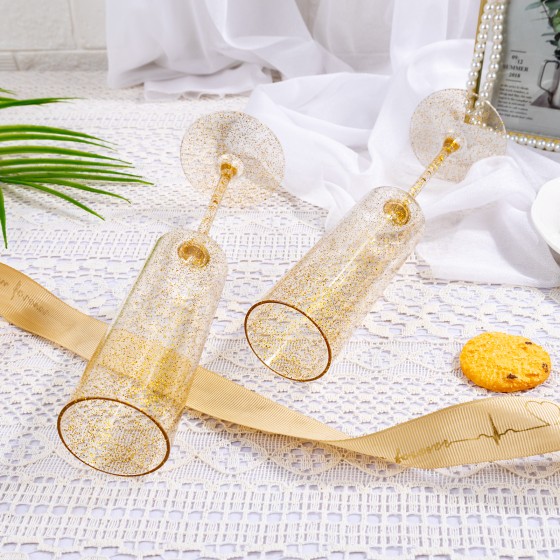 24 Pack Plastic Champagne Flutes - 6 Oz Gold Glitter Disposable Champagne Glasses - Square Plastic Wine Cups Wedding Toasting for Party Birthday Anniversary
