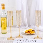 24 Pack Plastic Champagne Flutes - 6 Oz Gold Glitter Disposable Champagne Glasses - Square Plastic Wine Cups Wedding Toasting for Party Birthday Anniversary