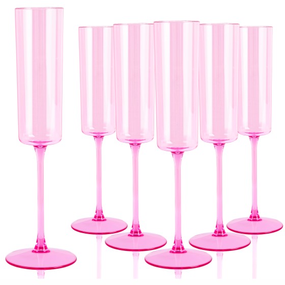24 Pack Pink Plastic Champagne Flutes - 6 Oz Clear Pink Champagne Glasses - Square Plastic Toasting Glasses for Party Birthday Anniversary Wedding Mothers Day