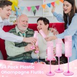 24 Pack Pink Plastic Champagne Flutes - 6 Oz Clear Pink Champagne Glasses - Square Plastic Toasting Glasses for Party Birthday Anniversary Wedding Mothers Day