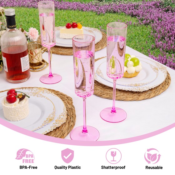 24 Pack Pink Plastic Champagne Flutes - 6 Oz Clear Pink Champagne Glasses - Square Plastic Toasting Glasses for Party Birthday Anniversary Wedding Mothers Day