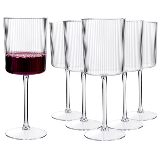 24 Pack Plastic Ribbed Wine Glasses - 10 OZ Clear Square Wine Glasses with Stem - Heavy Duty Vintage Disposable Champagne Cups for Wedding Parties