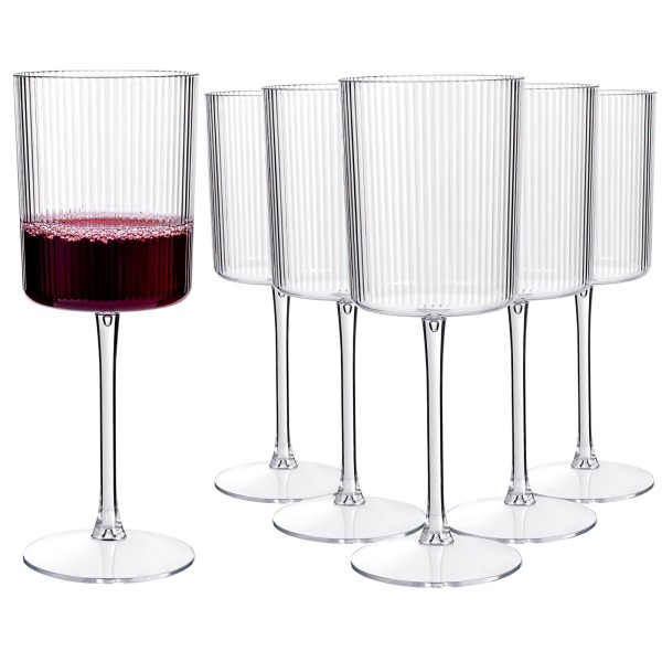 24 Pack Plastic Ribbed Wine Glasses - 10 OZ Clear Square Wine Glasses with Stem - Heavy Duty Vintage Disposable Champagne Cups for Wedding Parties