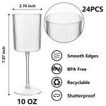 24 Pack Plastic Ribbed Wine Glasses - 10 OZ Clear Square Wine Glasses with Stem - Heavy Duty Vintage Disposable Champagne Cups for Wedding Parties