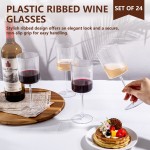 24 Pack Plastic Ribbed Wine Glasses - 10 OZ Clear Square Wine Glasses with Stem - Heavy Duty Vintage Disposable Champagne Cups for Wedding Parties