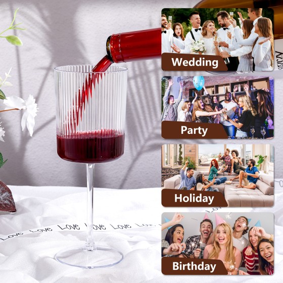 24 Pack Plastic Ribbed Wine Glasses - 10 OZ Clear Square Wine Glasses with Stem - Heavy Duty Vintage Disposable Champagne Cups for Wedding Parties