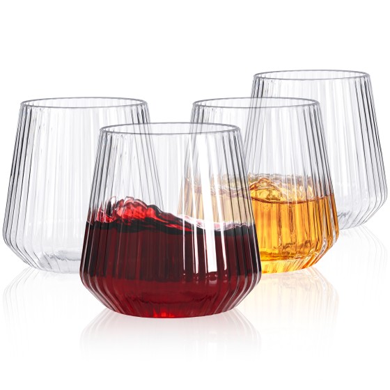 40 Pack Plastic Ribbed Wine Glasses - 14 OZ Clear Thicker Origami Stemless Disposable Wine Glasses - Heavy Duty Unbreakable Vintage Whiskey Cups for Wedding Parties Bar