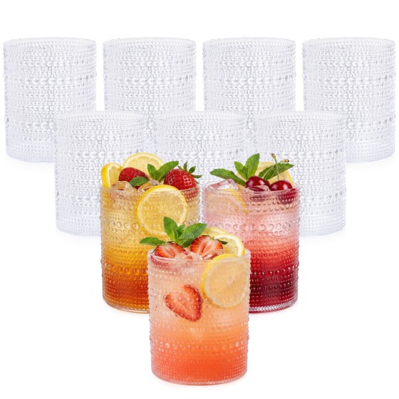 24PCS Plastic Hobnail Drinking Glasses - 14 Oz Clear Vintage Glasses Drinkware - Disposable Beaded Cups for Juice, Wine, Party