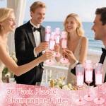36 Pack Pink Champagne Flutes Plastic - 6 Oz Flower Wavy Champagne Plastic Glasses - Heavy Duty Vintage Disposable Flutes for Wedding Party Birthday Mothers Day