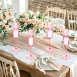 36 Pack Pink Champagne Flutes Plastic - 6 Oz Flower Wavy Champagne Plastic Glasses - Heavy Duty Vintage Disposable Flutes for Wedding Party Birthday Mothers Day