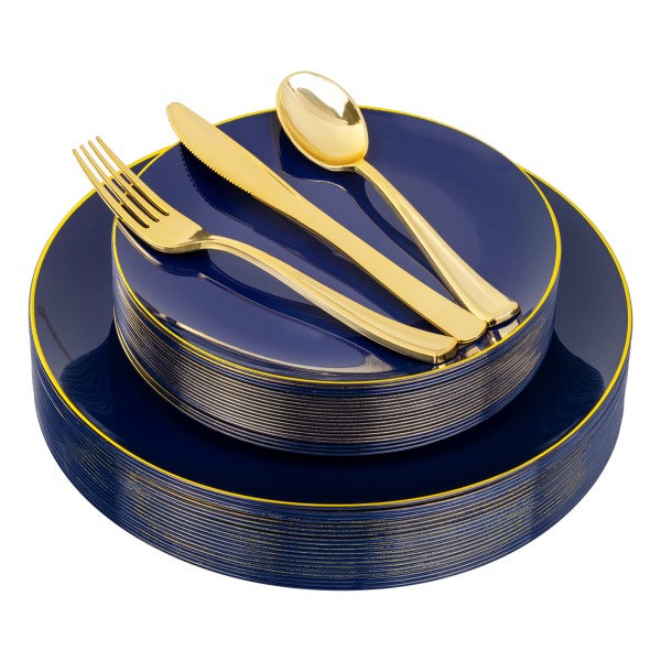125PCS Blue Plastic Plates - Navy Blue Disposable Plates With Gold Rim Include 25 Dinner Plate, 25 Dessert Plate, 75 Gold Silverware Cutlery for Party & Wedding Graduation