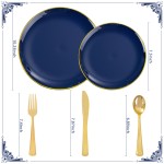 125PCS Blue Plastic Plates - Navy Blue Disposable Plates With Gold Rim Include 25 Dinner Plate, 25 Dessert Plate, 75 Gold Silverware Cutlery for Party & Wedding Graduation