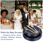 125PCS Blue Plastic Plates - Navy Blue Disposable Plates With Gold Rim Include 25 Dinner Plate, 25 Dessert Plate, 75 Gold Silverware Cutlery for Party & Wedding Graduation