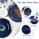 125PCS Blue Plastic Plates - Navy Blue Disposable Plates With Gold Rim Include 25 Dinner Plate, 25 Dessert Plate, 75 Gold Silverware Cutlery for Party & Wedding Graduation