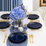 125PCS Blue Plastic Plates - Navy Blue Disposable Plates With Gold Rim Include 25 Dinner Plate, 25 Dessert Plate, 75 Gold Silverware Cutlery for Party & Wedding Graduation