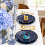 125PCS Blue Plastic Plates - Navy Blue Disposable Plates With Gold Rim Include 25 Dinner Plate, 25 Dessert Plate, 75 Gold Silverware Cutlery for Party & Wedding Graduation