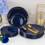 125PCS Blue Plastic Plates - Navy Blue Disposable Plates With Gold Rim Include 25 Dinner Plate, 25 Dessert Plate, 75 Gold Silverware Cutlery for Party & Wedding Graduation