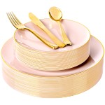 125PCS Pink Plastic Plates - Pink Disposable Plates With Gold Rim - Pinks and Gold Plates Include 25 Dinner Plates, 25 Dessert Plate, 75 Cutlery for Party Wedding Birthday Mothers Day