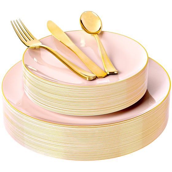 125PCS Pink Plastic Plates - Pink Disposable Plates With Gold Rim - Pinks and Gold Plates Include 25 Dinner Plates, 25 Dessert Plate, 75 Cutlery for Party Wedding Birthday Mothers Day