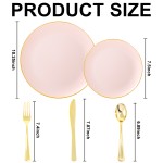 125PCS Pink Plastic Plates - Pink Disposable Plates With Gold Rim - Pinks and Gold Plates Include 25 Dinner Plates, 25 Dessert Plate, 75 Cutlery for Party Wedding Birthday Mothers Day