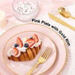 125PCS Pink Plastic Plates - Pink Disposable Plates With Gold Rim - Pinks and Gold Plates Include 25 Dinner Plates, 25 Dessert Plate, 75 Cutlery for Party Wedding Birthday Mothers Day