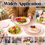 125PCS Pink Plastic Plates - Pink Disposable Plates With Gold Rim - Pinks and Gold Plates Include 25 Dinner Plates, 25 Dessert Plate, 75 Cutlery for Party Wedding Birthday Mothers Day