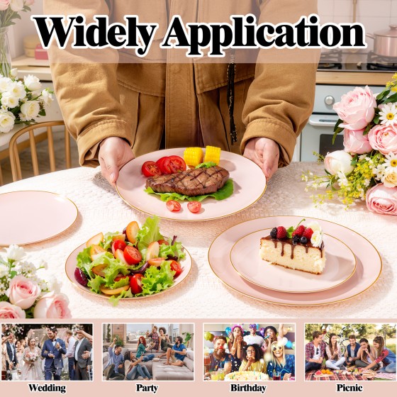 125PCS Pink Plastic Plates - Pink Disposable Plates With Gold Rim - Pinks and Gold Plates Include 25 Dinner Plates, 25 Dessert Plate, 75 Cutlery for Party Wedding Birthday Mothers Day