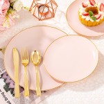 125PCS Pink Plastic Plates - Pink Disposable Plates With Gold Rim - Pinks and Gold Plates Include 25 Dinner Plates, 25 Dessert Plate, 75 Cutlery for Party Wedding Birthday Mothers Day